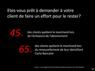 Etes-vous prêt à demander à votre
client de faire un effort pour le rester?


 45    %
           des clients quittent le marchand lors
           de l’échéance de l’abonnement


              des clients quittent le marchand lors
      65    %
              du renouvellement de leur identifiant
              Carte Bancaire



                Source: a new digital future for publisher Nextissuemedia / cas client SlimPay
                                                                                                 P2
 