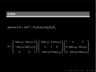 3-Dim
(Ignoring t): ⌃ = U⇤UT = G12G13G23⇤GT
23GT
13GT
12
U =
0
B
B
B
B
B
@
cos(!12) sin(!12) 0
sin(!12) cos(!12) 0
0 0 1
1
C
C
C
C
C
A
0
B
B
B
B
B
@
cos(!13) 0 sin(!13)
0 1 0
sin(!13) 0 cos(!13)
1
C
C
C
C
C
A
0
B
B
B
B
B
@
1 0 0
0 cos(!23) sin(!23)
0 sin(!23) cos(!23)
1
C
C
C
C
C
A
 