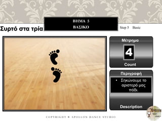 C O P Y R I G H T ® A P O L L O N D A N C E S T U D I O
BHMA 5
ΒΑΣΙΚΟ Step 5 Basic
Μέτρημα
Περιγραφή
Description
• Σηκώνουμε το
αριστερό μας
πόδι.
Count
4
Συρτό στα τρία
 