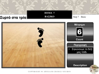 C O P Y R I G H T ® A P O L L O N D A N C E S T U D I O
BHMA 7
ΒΑΣΙΚΟ Step 7 Basic
Μέτρημα
6
Περιγραφή
Description
• Σηκώνουμε το δεξί
μας πόδι.
Count
Συρτό στα τρία
 