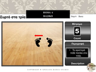 C O P Y R I G H T ® A P O L L O N D A N C E S T U D I O
BHMA 6
ΒΑΣΙΚΟ Step 6 Basic
Μέτρημα
Περιγραφή
Description
• Το αριστερό
πόδι πατάει στο
πλάι.
Count
5
Συρτό στα τρία
 