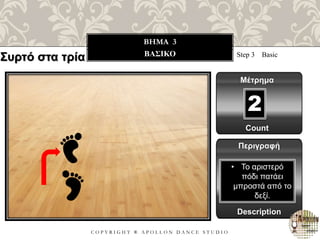 C O P Y R I G H T ® A P O L L O N D A N C E S T U D I O
BHMA 3
ΒΑΣΙΚΟ Step 3 Basic
Μέτρημα
Περιγραφή
Description
• Το αριστερό
πόδι πατάει
μπροστά από το
δεξί.
Count
2
Συρτό στα τρία
 
