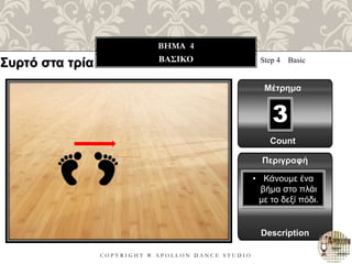 C O P Y R I G H T ® A P O L L O N D A N C E S T U D I O
BHMA 4
ΒΑΣΙΚΟ Step 4 Basic
Μέτρημα
Περιγραφή
Description
• Κάνουμε ένα
βήμα στο πλάι
με το δεξί πόδι.
Count
3
Συρτό στα τρία
 