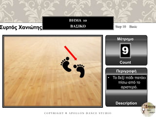 C O P Y R I G H T ® A P O L L O N D A N C E S T U D I O
BHMA 10
ΒΑΣΙΚΟ Step 10 Basic
Μέτρημα
9
Περιγραφή
Description
• Το δεξί πόδι πατάει
πίσω από το
αριστερό.
Count
Συρτός Χανιώτης
 