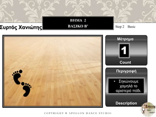 C O P Y R I G H T ® A P O L L O N D A N C E S T U D I O
BHMA 2
ΒΑΣΙΚΟ B’ Step 2 Basic
Μέτρημα
1
Περιγραφή
Description
• Σηκώνουμε
χαμηλά το
αριστερό πόδι.
Count
Συρτός Χανιώτης
 