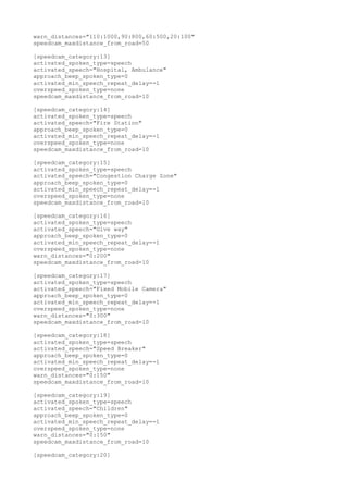 warn_distances="110:1000,90:800,60:500,20:100" 
speedcam_maxdistance_from_road=50 
[speedcam_category:13] 
activated_spoken_type=speech 
activated_speech="Hospital, Ambulance" 
approach_beep_spoken_type=0 
activated_min_speech_repeat_delay=-1 
overspeed_spoken_type=none 
speedcam_maxdistance_from_road=10 
[speedcam_category:14] 
activated_spoken_type=speech 
activated_speech="Fire Station" 
approach_beep_spoken_type=0 
activated_min_speech_repeat_delay=-1 
overspeed_spoken_type=none 
speedcam_maxdistance_from_road=10 
[speedcam_category:15] 
activated_spoken_type=speech 
activated_speech="Congestion Charge Zone" 
approach_beep_spoken_type=0 
activated_min_speech_repeat_delay=-1 
overspeed_spoken_type=none 
speedcam_maxdistance_from_road=10 
[speedcam_category:16] 
activated_spoken_type=speech 
activated_speech="Give way" 
approach_beep_spoken_type=0 
activated_min_speech_repeat_delay=-1 
overspeed_spoken_type=none 
warn_distances="0:200" 
speedcam_maxdistance_from_road=10 
[speedcam_category:17] 
activated_spoken_type=speech 
activated_speech="Fixed Mobile Camera" 
approach_beep_spoken_type=0 
activated_min_speech_repeat_delay=-1 
overspeed_spoken_type=none 
warn_distances="0:300" 
speedcam_maxdistance_from_road=10 
[speedcam_category:18] 
activated_spoken_type=speech 
activated_speech="Speed Breaker" 
approach_beep_spoken_type=0 
activated_min_speech_repeat_delay=-1 
overspeed_spoken_type=none 
warn_distances="0:150" 
speedcam_maxdistance_from_road=10 
[speedcam_category:19] 
activated_spoken_type=speech 
activated_speech="Children" 
approach_beep_spoken_type=0 
activated_min_speech_repeat_delay=-1 
overspeed_spoken_type=none 
warn_distances="0:150" 
speedcam_maxdistance_from_road=10 
[speedcam_category:20] 
 