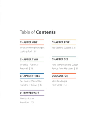 Table of Contents
What Are Hiring Managers
Looking For? | 07
CHAPTER ONE
What Do I Put on a
Resume? | 13
CHAPTER TWO
Get Noticed! Stand Out
From the IT Crowd | 19
CHAPTER THREE
How to Ace an
Interview | 25
CHAPTER FOUR
Job-Seeking Success | 31
CHAPTER FIVE
How to Move on Up! Career
Advice From Managers | 37
CHAPTER SIX
More Reading 
Next Steps | 43
CONCLUSION
 