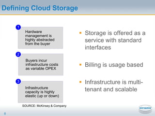 Defining Cloud StorageStorage is offered as a service with standard interfacesBilling is usage basedInfrastructure is multi-tenant and scalable8SOURCE: McKinsey & Company