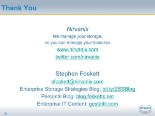 Which Storage Protocol is For You?FC, iSCSI, NFS all work wellMost production VM data is on FCEither/or? - 50% use a combination (ESG 2008)Leverage what you have and are familiar withFor IP storageUse TOE cards/iSCSI HBAsUse a separate network or VLANIs your switch backplane fast?No VM Cluster support with iSCSI*For FC storage4 Gb FC is awesome for VM’sGet NPIV (if you can)FCoE is the futureConverged storage and networks adapters (CNAs)Cisco UCS