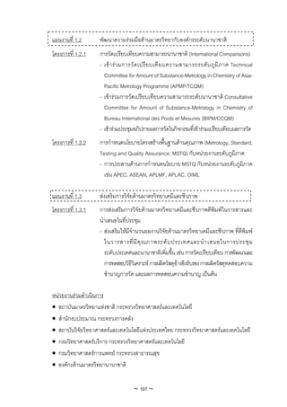 แผนงานที่ 1.2      พัฒนาความรวมมือดานมาตรวิทยากับองคกรระดับนานาชาติ
โครงการที่ 1.2.1   การวัดเปรียบเทียบความสามารถนานาชาติ (International Comparisons)
                   - เข า ร ว มการวั ด เปรี ย บเที ย บความสามารถระดั บ ภู มิ ภ าค Technical
                     Committee for Amount of Substance-Metrology in Chemistry of Asia-
                     Pacific Metrology Programme (APMP/TCQM)
                   - เขารวมการวัดเปรียบเทียบความสามารถระดับนานาชาติ Consultative
                     Committee for Amount of Substance-Metrology in Chemistry of
                     Bureau International des Poids et Mesures (BIPM/CCQM)
                   - เขารวมประชุมอภิปรายผลการวัดในกิจกรรมที่เขารวมเปรียบเทียบผลการวัด
โครงการที่ 1.2.2   การกําหนดนโยบายโครงสรางพื้นฐานดานคุณภาพ (Metrology, Standard,
                   Testing and Quality Assurance: MSTQ) กับหนวยงานระดับภูมิภาค
                   - การประสานดานการกําหนดนโยบาย MSTQ กับหนวยงานระดับภูมิภาค
                     เชน APEC, ASEAN, APLMF, APLAC, OIML

แผนงานที่ 1.3      สงเสริมการวิจัยดานมาตรวิทยาเคมีและชีวภาพ
โครงการที่ 1.3.1   การสงเสริมการวิจัยดานมาตรวิทยาเคมีและชีวภาพตีพิมพในวารสารและ
                   นําเสนอในที่ประชุม
                   - สงเสริมใหมีจํานวนผลงานวิจัยดานมาตรวิทยาเคมีและชีวภาพ ที่ตีพิมพ
                     ในวารสารที่ มี คุ ณ ภาพระดั บ ประเทศและนํ า เสนอในการประชุ ม
                     ระดับประเทศและนานาชาติเพิ่มขึ้น เชน การวัดเปรียบเทียบ การพัฒนาและ
                     การทดสอบวิธีวิเคราะห การผลิตวัสดุอางอิงรับรอง การผลิตวัสดุทดสอบความ
                     ชํานาญการวัด และผลการทดสอบความชํานาญ เปนตน

หนวยงานรวมดําเนินการ
• สถาบันมาตรวิทยาแหงชาติ กระทรวงวิทยาศาสตรและเทคโนโลยี
• สํานักงบประมาณ กระทรวงการคลัง
• สถาบันวิจัยวิทยาศาสตรและเทคโนโลยีแหงประเทศไทย กระทรวงวิทยาศาสตรและเทคโนโลยี
• กรมวิทยาศาสตรบริการ กระทรวงวิทยาศาสตรและเทคโนโลยี
• กรมวิทยาศาสตรการแพทย กระทรวงสาธารณสุข
• องคกรดานมาตรวิทยานานาชาติ


                                   ~ 107 ~
 