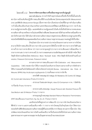 โครงการที่ 1.1.2 โครงการจัดหาและพัฒนาเครื่องมือมาตรฐานระดับปฐมภูมิ
                           ผลการดําเนินงาน: ความจํากัดดานอุปกรณและเครื่องมือ ซึ่งเกิดขึ้นตั้งแตระดับ
สถาบันฯ จนถึงระดับหองปฏิบัติการสอบเทียบที่มีจํานวนไมเพียงพอ ไมครอบคลุมหนวยวัด (Measurement
Unit) และพิสัยวัด (Measurement Range) เนื่องจากสถาบันฯ เปนหนวยงานใหมที่มีอายุการดําเนินงานเพียง
10 ป เมื่อเปรียบเทียบกับสถาบันมาตรวิทยาแหงชาติของประเทศที่พัฒนาแลวซึ่งมีอายุมากกวา 100 ป เชน
สาธารณรัฐประชาชนจีน ญี่ปุน และสหพันธสาธารณรัฐเยอรมนี เปนตน ดังนั้นจึงยังไมสามารถตอบสนอง
ความตองการดานมาตรวิทยาภายในประเทศไดอยางเพียงพอ โดยเฉพาะอยางยิ่งดานมาตรวิทยาเคมีและชีวภาพ
อยางไรก็ตามสถาบันฯ ไดดําเนินการสํารวจความตองการของภาคอุตสาหกรรม เพื่อจัดหามาตรฐานแหงชาติใน
หนวยวัดหรือพิสัยที่ครอบคลุมสอดคลองกับความตองการของภาคอุสาหกรรมและภาคเศรษฐกิจที่เกี่ยวของ
                           ปจจุบันสถาบันฯ สามารถสถาปนาหนวยวัดและความสามารถทางการวัดโดย
สามารถใหบริการสอบเทียบได 424 รายการวัด แบงตามสาขาไดดังนี้ สาขามิติ 160 รายการ สาขาไฟฟาและ
ความถี่ 93 รายการ สาขาเชิงกล 107 รายการ สาขาอุณหภูมิ 23 รายการ สาขาเสียงและการสั่นสะเทือน 13
รายการ สาขาแสง 3 รายการ สาขาเคมี 25 รายการ ตลอดจนสามารถผลิตวัสดุและสารอางอิงได 4 ชนิด ไดแก
วัสดุอางอิงความแข็งของโลหะ (Reference Block Rockwell Scale HRC) วัสดุอางอิงรับรองดานเคมี (pH
solution, Potassium Dichromate, Potassium Iodine)
                           ความสามารถทางการสอบเทียบและการวัด (Calibration and Measurement
Capabilities: CMC) ของสถาบันฯ ไดรับการยอมรับในระดับสากล โดยความสามารถดานการวัดดังกลาว
ไดรับการเผยแพรในเว็บไซตขององคการชั่งตวงวัดระหวางประเทศ (Bureau International des Poids et
Mesures: BIPM) (http://kcdb.bipm.org/Appendix C) รวมทั้งหมด 4 สาขาการวัด คือ
                               - สาขาไฟฟา ครอบคลุม DC Voltage, DC Resistance, DC Current, AC Voltage,
AC Current และ Inductance จํานวน 313 รายการ
                               - สาขามวล ในขอบเขต Weight, class E2-Comparison in Air, 1 มิลลิกรัม-
10 กิโลกรัม จํานวน 19 รายการ
                               - สาขาความดัน ครอบคลุม Gauge Pressure และ Absolute Pressure ทั้ง
Gas Medium และ Oil Medium จํานวน 11 รายการ
                               - สาขาอุณหภูมิ ครอบคลุม Standard Platinum Resistance Thermometers:
SPRT สอบเทียบแบบ Fixed Point, Hg, Ga, Sn, Zn จํานวน 4 รายการ
                           และมีหนวยวัดที่อยูระหวางการพัฒนาอีก 32 รายการวัด โดยเปนหนวยวัดทาง
ฟสิกส 21 รายการ และทางเคมีและชีวภาพอีก 11 รายการ กลาวโดยสรุปในปจจุบันสถาบันฯ ไดสถาปนา
หนวยวัดดานฟสิกสตอบสนองความตองการของผูใชในประเทศไดมากกวารอยละ 80 นอกจากนี้สถาบันฯ ตอง
เรงพัฒนาหนวยวัดและศักยภาพการวัดดานเคมีและชีวภาพ ซึ่งเปนหนวยวัดที่เปนไปตามความตองการของ
อุตสาหกรรมอาหาร อุตสาหกรรมสุขภาพ อันเปนอุตสาหกรรมเปาหมายของประเทศ


                                              ~ 128 ~
 