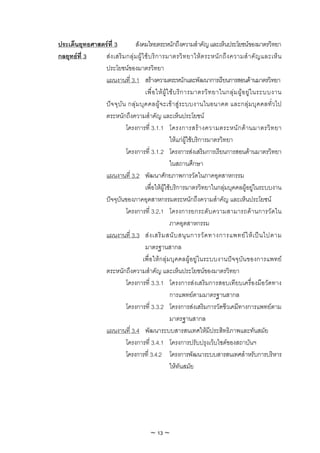 ประเด็นยุทธศาสตรที่ 3          สังคมไทยตระหนักถึงความสําคัญ และเห็นประโยชนของมาตรวิทยา
กลยุทธที่ 3   ส ง เสริ ม กลุ ม ผู ใ ช บ ริ ก ารมาตรวิ ท ยาให ต ระหนั ก ถึ ง ความสํ า คั ญ และเห็ น
               ประโยชนของมาตรวิทยา
               แผนงานที่ 3.1 สรางความตระหนักและพัฒนาการเรียนการสอนดานมาตรวิทยา
                                        เพื ่อ ใหผู ใ ชบ ริก ารมาตรวิท ยาในกลุ ม ผู อ ยู ใ นระบบงาน
               ปจ จุบัน กลุ ม บุค คลผูจะเขา สู ระบบงานในอนาคต และกลุ ม บุคคลทั่วไป
               ตระหนักถึงความสําคัญ และเห็นประโยชน
                          โครงการที่ 3.1.1 โครงการสร า งความตระหนั ก ด า นมาตรวิ ท ยา
                                                        ใหแกผูใชบริการมาตรวิทยา
                          โครงการที่ 3.1.2 โครงการสงเสริมการเรียนการสอนดานมาตรวิทยา
                                                        ในสถานศึกษา
               แผนงานที่ 3.2 พัฒนาศักยภาพการวัดในภาคอุตสาหกรรม
                                        เพื่อใหผูใชบริการมาตรวิทยาในกลุมบุคคลผูอยูในระบบงาน
               ปจจุบันของภาคอุตสาหกรรมตระหนักถึงความสําคัญ และเห็นประโยชน
                          โครงการที่ 3.2.1 โครงการยกระดับความสามารถดานการวัดใน
                                                        ภาคอุตสาหกรรม
               แผนงานที่ 3.3 ส ง เสริ ม สนั บ สนุ น การวั ด ทางการแพทย ใ ห เ ป น ไปตาม
                                        มาตรฐานสากล
                                      เพื่อใหกลุมบุคคลผูอยูในระบบงานปจจุบันของการแพทย
               ตระหนักถึงความสําคัญ และเห็นประโยชนของมาตรวิทยา
                          โครงการที่ 3.3.1 โครงการสงเสริมการสอบเทียบเครื่องมือวัดทาง
                                                        การแพทยตามมาตรฐานสากล
                          โครงการที่ 3.3.2 โครงการสงเสริมการวัดชีวเคมีทางการแพทยตาม
                                                        มาตรฐานสากล
               แผนงานที่ 3.4 พัฒนาระบบสารสนเทศใหมีประสิทธิภาพและทันสมัย
                          โครงการที่ 3.4.1 โครงการปรับปรุงเว็บไซดของสถาบันฯ
                          โครงการที่ 3.4.2 โครงการพัฒนาระบบสารสนเทศสําหรับการบริหาร
                                                        ใหทันสมัย




                                           ~ 13 ~
 