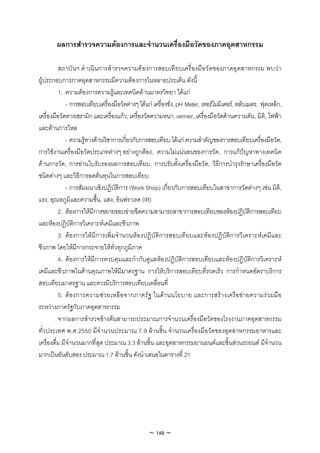 ผลการสํารวจความตองการและจํานวนเครื่องมือวัดของภาคอุตสาหกรรม

          สถาบั นฯ ดํ าเนิ นการสํ ารวจความต องการสอบเที ยบเครื่ องมื อวั ดของภาคอุ ตสาหกรรม พบว า
ผูประกอบการภาคอุตสาหกรรมมีความตองการในหลายประเด็น ดังนี้
          1. ความตองการความรูและเทคนิคดานมาตรวิทยา ไดแก
              - การสอบเทียบเครื่องมือวัดตางๆ ไดแก เครื่องชั่ง, pH Meter, เทอรโมมิเตอร, ตลับเมตร, ฟุตเหล็ก,
เครื่องมือวัดทางเซรามิก และเครื่องแกว, เครื่องวัดความหนา, vernier, เครื่องมือวัดดานความดัน, มิติ, ไฟฟา
และดานการไหล
              - ความรูทางดานวิชาการเกี่ยวกับการสอบเทียบ ไดแก ความสําคัญของการสอบเทียบเครื่องมือวัด,
การใชงานเครื่องมือวัดประเภทตางๆ อยางถูกตอง, ความไมแนนอนของการวัด, การแกปญหาทางเทคนิค
ดานการวัด, การอานใบรับรองผลการสอบเทียบ, การปรับตั้งเครื่องมือวัด, วิธีการบํารุงรักษาเครื่องมือวัด
ชนิดตางๆ และวิธีการลดตนทุนในการสอบเทียบ
              - การสัมมนาเชิงปฏิบัติการ (Work Shop) เกี่ยวกับการสอบเทียบในสาขาการวัดตางๆ เชน มิติ,
แรง, อุณหภูมิและความชื้น, แสง, อินฟราเรด (IR)
          2. ตองการใหมีการขยายขอบขายขีดความสามารถสาขาการสอบเทียบของหองปฏิบตการสอบเทียบ       ั ิ
และหองปฏิบัติการวิเคราะหเคมีและชีวภาพ
          3. ตองการใหมีการเพิ่มจํานวนหองปฏิบัติการสอบเทียบและหองปฏิบัติการวิเคราะหเคมีและ
ชีวภาพ โดยใหมีการกระจายใหทั่วทุกภูมิภาค
          4. ตองการใหมีการควบคุมและกํากับดูแลหองปฏิบัติการสอบเทียบและหองปฏิบัติการวิเคราะห
เคมีและชีวภาพในดานคุณภาพใหมีมาตรฐาน การใหบริการสอบเทียบที่รวดเร็ว การกําหนดอัตราบริการ
สอบเทียบมาตรฐาน และควรมีบริการสอบเทียบเคลื่อนที่
          5. ตองการความชว ยเหลือจากภาครัฐ ในดา นนโยบาย และการสรา งเครือขา ยความรวมมือ
ระหวางภาครัฐกับภาคอุตสาหกรรม
          จากผลการสํารวจขางตนสามารถประมาณการจํานวนเครื่องมือวัดของโรงงานภาคอุตสาหกรรม
ทั่วประเทศ พ.ศ.2550 มีจํานวนประมาณ 7.9 ลานชิ้น จํานวนเครื่องมือวัดของอุตสาหกรรมอาหารและ
เครื่องดื่ม มีจํานวนมากที่สุด ประมาณ 3.3 ลานชิ้น และอุตสาหกรรมยานยนตและชิ้นสวนรถยนต มีจํานวน
มากเปนอันดับสอง ประมาณ 1.7 ลานชิ้น ดังนําเสนอในตารางที่ 21




                                                  ~ 148 ~
 