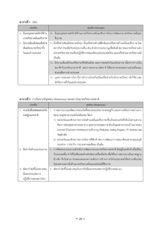ตารางที่ 1 (ตอ)
          ประเด็น                                                    จุดแข็ง (Strength)
3. มีแผนยุทธศาสตรชาติดาน 10. มีแ ผนยุทธศาสตรชาติ ดานมาตรวิ ทยาเคมีแ ละชี วภาพในการพัฒนามาตรวิทยาเคมีแ ละ
   มาตรวิทยาเคมีและชีวภาพ          ชีวภาพ
4. มีความเขมแข็งของเครือขาย 11. มีเครือขายพันธมิตรมาตรวิทยา ทั้งเครือขายดานฟสิกสและเครือขายดานเคมีและชีวภาพ โดย
   พันธมิตรมาตรวิทยาทั้ง          สถาบันฯ รวมมือกับหนวยงานอื่น เชน สํานักงานปรมาณูเพื่อสันติ สมาคมมาตรวิทยาแหง
   ในและตางประเทศ                ประเทศไทย สมาคมหองปฏิบัติการสอบเทียบแหงประเทศไทย และเครือขายมาตรวิทยาเคมี
                                  เปนตน
                              12. มีความเข มแข็ งในเครือขายหรือพั นธมิ ตร และการยอมรับในระดับสากล เนื่องจากการเป น
                                   สมาชิ กในระดับ นานาชาติ และการลงนาม MRA ทําให สามารถระดมความรวมมื อ และ
                                   ชวยเหลือจากตางประเทศ
                              13. บุคลากรของสถาบั นฯ มีการทํ างานร วมกั นเป นเครื อ ข ายกั บ นั กมาตรวิ ทยา นัก วิ จัย และ
                                   นักวิชาการทั้งในและตางประเทศ



ตารางที่ 2 การวิเคราะหจุดออน (Weakness) ของสถาบันมาตรวิทยาแหงชาติ
          ประเด็น                                                   จุดออน (Weakness)
1. ความไมเพียงพอของหนวยวัด 1. การสถาปนาและพัฒนาหนวยวัดที่ตอบสนองตอภาคเศรษฐกิจ และความตองการอยางมาก
   มาตรฐานแหงชาติ              ของภาคอุตสาหกรรมยังไมเพียงพอ ไดแก
                                1) หนวยวัดและศักยภาพการวัดดานเคมีและชีวภาพ ซึ่งเปนหนวยวัดที่เปนไปตามความ
                                      ตองการของอุตสาหกรรมอาหาร อุตสาหกรรมสุขภาพ อันเปนอุตสาหกรรมเปาหมายของ
                                      ประเทศ โปรแกรมการทดสอบความชํานาญ (Proficiency Testing Program:, PT Scheme) และ
                                      วัดสุอางอิง
                                2) หนวยวัดและศักยภาพการวัดทางฟสิกส เชน การพัฒนาการสอบเทียบสาขาอุณหภู มิ
                                      (ระหวาง -1,200 ถึง -100 องศาเซลเซียล) เปนตน
2. ขอจํากัดดานงบประมาณ 2. การจัดสรรงบประมาณสําหรับการพัฒนาระบบมาตรวิทยาแหงชาติ ยังอยูในระดับต่ําเมื่อเทียบ
                                กับประเทศอื่น ทําใหไมเพียงพอสําหรับจัดหาเครื่องมือวัด เพื่อใชในการสถาปนาเปนมาตรฐาน
                                อ า งอิ ง จึ ง ไม ส ามารถตอบสนองความต อ งการด า นการวั ด ในประเทศได อ ย า งเพี ย งพอ
                                โดยเฉพาะอยางยิ่งดานมาตรวิทยาเคมีและเทคโนโลยีชีวภาพ
3. อัตรากําลังที่ไมเหมาะสม 3. อัตรากําลังที่ไมเหมาะสมกับภารกิจมีผลกระทบตอการปฏิบัติงานของ มว.
   มีผลกระทบตอการ
   ปฏิบัติงานของสถาบันฯ




                                                         ~ 26 ~
 