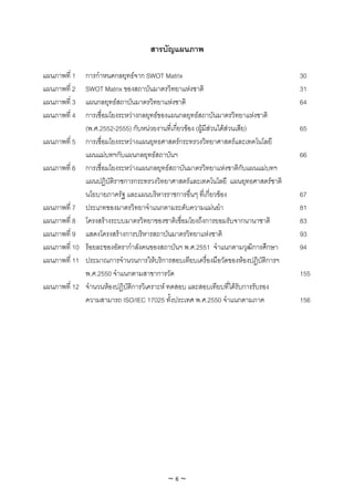 สารบัญแผนภาพ

แผนภาพที่ 1  การกําหนดกลยุทธจาก SWOT Matrix                                      30
แผนภาพที่ 2  SWOT Matrix ของสถาบันมาตรวิทยาแหงชาติ                               31
แผนภาพที่ 3  แผนกลยุทธสถาบันมาตรวิทยาแหงชาติ                                    64
แผนภาพที่ 4  การเชื่อมโยงระหวางกลยุทธของแผนกลยุทธสถาบันมาตรวิทยาแหงชาติ
             (พ.ศ.2552-2555) กับหนวยงานที่เกียวของ (ผูมีสวนไดสวนเสีย)
                                              ่                                   65
แผนภาพที่ 5 การเชื่อมโยงระหวางแผนยุทธศาสตรกระทรวงวิทยาศาสตรและเทคโนโลยี
             แผนแมบทฯกับแผนกลยุทธสถาบันฯ                                        66
แผนภาพที่ 6 การเชื่อมโยงระหวางแผนกลยุทธสถาบันมาตรวิทยาแหงชาติกับแผนแมบทฯ
             แผนปฏิบัติราชการกระทรวงวิทยาศาสตรและเทคโนโลยี แผนยุทธศาสตรชาติ
             นโยบายภาครัฐ และแผนบริหารราชการอืนๆ ทีเ่ กี่ยวของ
                                                   ่                              67
แผนภาพที่ 7 ประเภทของมาตรวิทยาจําแนกตามระดับความแมนยํา                           81
แผนภาพที่ 8 โครงสรางระบบมาตรวิทยาของชาติเชื่อมโยงถึงการยอมรับจากนานาชาติ         83
แผนภาพที่ 9 แสดงโครงสรางการบริหารสถาบันมาตรวิทยาแหงชาติ                         93
แผนภาพที่ 10 รอยละของอัตรากําลังคนของสถาบันฯ พ.ศ.2551 จําแนกตามวุฒการศึกษา ิ     94
แผนภาพที่ 11 ประมาณการจํานวนการใหบริการสอบเทียบเครื่องมือวัดของหองปฏิบัติการฯ
             พ.ศ.2550 จําแนกตามสาขาการวัด                                         155
แผนภาพที่ 12 จํานวนหองปฏิบัติการวิเคราะห ทดสอบ และสอบเทียบที่ไดรับการรับรอง
             ความสามารถ ISO/IEC 17025 ทั้งประเทศ พ.ศ.2550 จําแนกตามภาค            156




                                         ~6~
 