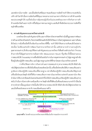 และพลังงานในการผลิต และเมื่อผลิตภัณฑมีคุณภาพและตนทุนการผลิตต่ําจะทําใหสามารถแขงขันใน
เวทีการคาโลกได เนื่องจากผลิตภัณฑที่มีคุณภาพจะสามารถผานมาตรการกีดกันทางการคาดานเทคนิค
ของประเทศคูคา ได รวมทั้ง ยัง เปน การคุม ครองผูบ ริโ ภคในประเทศดว ยมาตรการกีด กัน ทางการคา
ดานเทคนิค สินคาและการบริการที่ไมมีคุณภาพตามมาตรฐาน และสินคาที่ผลิตโดยกระบวนการผลิตที่ไม
อนุรักษสิ่งแวดลอม

4. ความสําคัญของระบบมาตรวิทยาแหงชาติ
             มาตรวิทยามีความสําคัญตองานวิจัย และการวิจัยทางวิทยาศาสตรจัดวาเปนพื้นฐานของการพัฒนา
ทางดานมาตรวิทยาดวยเชนกัน วิทยาศาสตรมีสวนผลักดันใหเกิดวิวัฒนาการใหมๆ อยูตลอดเวลา และการคนพบ
สิ่งใหมๆ การมีเครื่องมือที่เกี่ยวของกับมาตรวิทยาที่ดีขึ้น จะทําใหนักวิจัยสามารถคนพบสิ่งใหมอยาง
ต อ เนื่ อ ง ไม เ พี ย งแต จ ะมี ก ารพั ฒ นาในสาขามาตรวิ ท ยาเท า นั้ น แต ยั ง สามารถทํ า งานควบคู ไ ปกั บ
อุตสาหกรรมตางๆ อีกดวย สรุปก็คือความสําคัญของระบบมาตรวิทยาก็เพื่อสรางหลักประกันวา กิจกรรม
ดานการวัด ซึ่งมีมูลคามหาศาล จะมีผลการวัด (Measurement Result) ที่ถูกตอง ทั้งนี้โดยผานระบบ
การสอบกลับได (Traceability) จากเครื่องมือวัดในระดับทํางานในภาคอุตสาหกรรมตางๆ ไปสูมาตรฐานอางอิง
ซึ่งอยูในหองปฏิบัติการสอบเทียบ และไปสูมาตรฐานแหงชาติที่รักษาโดยสถาบันมาตรวิทยาแหงชาติ
                 การที่จะใหผลการวัด การวิเคราะห และการทดสอบตางๆ สามารถสอบกลับได หรืออางอิง
กลับไดสูหนวยวัดสากล เพื่อใหเปนที่ยอมรับของสังคมโลกนั้น เครื่องมือวัดจะตองไดรับการสอบเทียบอยาง
ถูกตองจากหองปฏิบัติการสอบเทียบที่มีมาตรฐาน กลาวคือหองปฏิ บัติการสอบเที ยบตองใช อุปกรณ
เครื่องมือวัดและวัสดุอางอิงที่ไดรับการสอบเทียบจากสถาบันมาตรวิทยาแหงชาติ และสถาบันฯ ตอง
ดําเนินการใหนานาชาติยอมรับในหนวยวัดแหงชาติ ที่จะใหบริการสอบเทียบแกหองปฏิบัติการสอบเทียบตางๆ
ตอไป ถาเปนการวิเคราะหทางเคมีและชีวภาพ วัดสุอางอิงที่ใชตองเปนที่ยอมรับของนานาชาติ ถาเงื่อนไข
ตางๆ ดังกลาวนี้สมบูรณผลการวัดนั้นเรียกไดวาสามารถสอบกลับได หรืออางอิงกลับไดสูหนวยวัดสากล
และเปนที่ยอมรับของนานาชาติ รายละเอียดดังแผนภาพที่ 8




         แผนภาพที่ 8 โครงสรางระบบมาตรวิทยาของชาติเชื่อมโยงถึงการยอมรับจากนานาชาติ



                                                   ~ 83 ~
 