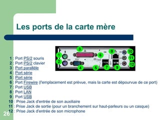 Les ports de la carte mère
1 : Port PS/2 souris
2 : Port PS/2 clavier
3 : Port parallèle
4 : Port série
5 : Port série
6 : Port Firewire (l'emplacement est prévue, mais la carte est dépourvue de ce port)
7 : Port USB
8 : Port LAN
9 : Port USB
10 : Prise Jack d'entrée de son auxiliaire
11 : Prise Jack de sortie (pour un branchement sur haut-parleurs ou un casque)
12 : Prise Jack d'entrée de son microphone
26
 