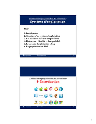 2
Architecture et programmation des ordinateurs :
Système d’exploitation
Plan :
1. Introduction
2. Structure d’un système d’exploitation
3. Les classes de système d’exploitation
4. Robustesse , Fiabilité et Compatibilité
5. Le système d’exploitation UNIX
6. La programmation Shell
A.U 2012/2013 3Ramzi Mahmoudi
Architecture et programmation des ordinateurs :
1- Introduction
A.U 2012/2013 4Ramzi Mahmoudi
 