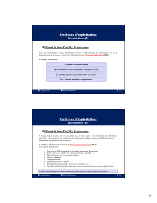 9
Systèmes d’exploitation:
Introduction– (6)
Elément de base d’un SE : Les processus
Dans une entité logique unique, généralement un mot, le SE regroupe des informations-clés sur le
fonctionnement du processeur : c'est le mot d'état du processeur (Processor Status Word, PSW).
Il comporte généralement :
La valeur du compteur ordinal
Des informations sur les interruptions (masquées ou non)
Le privilège du processeur (mode maître ou esclave)
Etc.... (format spécifique à un processeur)
A.U 2012/2013 17Ramzi Mahmoudi
Systèmes d’exploitation:
Introduction– (6)
Elément de base d’un SE : Les processus
A chaque instant, un processus est caractérisé par son état courant : c'est l'ensemble des informations
nécessaires à la poursuite de son exécution (valeur du compteur ordinal, contenu des différents registres,
informations sur l'utilisation des ressources).
A cet effet, à tout processus, on associe un bloc de contrôle de processus (BCP).
Il comprend généralement :
1. Une copie du PSW au moment de la dernière interruption du processus
2. L'état du processus : prêt à être exécuté, en attente, suspendu, ...
3. Des informations sur les ressources utilisées
4. Mémoire principale
5. Temps d'exécution
6. Périphériques d'E/S en attente
7. Files d'attente dans lesquelles le processus est inclus, etc...
8. Toutes les informations nécessaires pour assurer la reprise du processus en cas d'interruption
Les BCP sont rangés dans une table en mémoire centrale à cause de leur manipulation fréquente.
A.U 2012/2013 18Ramzi Mahmoudi
 