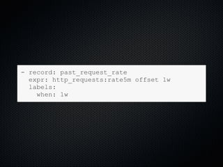­ record: past_request_rate
  expr: http_requests:rate5m offset 1w
  labels:
    when: 1w
 