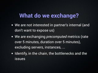 What do we exchange?
We are not interested in partner's internal (and
don't want to expose us)
We are exchanging precomputed metrics (rate
over 5 minutes, duration over 5 minutes),
excluding servers, instances, ...
Identify, in the chain, the bottlenecks and the
issues
 