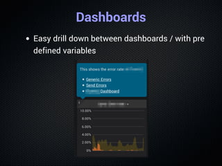 Dashboards
Easy drill down between dashboards / with pre
defined variables
 