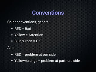 Conventions
Color conventions, general:
RED = Bad
Yellow = Attention
Blue/Green = OK
Also:
RED = problem at our side
Yellow/orange = problem at partners side
 