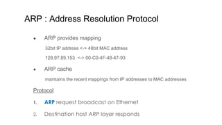 ARP : Address Resolution Protocol
● ARP provides mapping
32bit IP address <-> 48bit MAC address
128.97.89.153 <-> 00-C0-4F-48-47-93
● ARP cache
maintains the recent mappings from IP addresses to MAC addresses
Protocol
1. ARP request broadcast on Ethernet
2. Destination host ARP layer responds
 