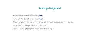 Reading Assignment
Address Resolution Protocol (ARP)
Network Address Translation (NAT)
Basic Network commands in Linux (ping,dig,ifconfig,ip a, ip addr, ip
link show, nslookup, netstat, and soon….)
Packet sniffing tool (Wireshark and tcpdump)
 