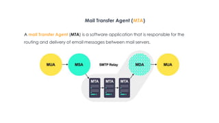 Mail Transfer Agent (MTA)
A mail Transfer Agent (MTA) is a software application that is responsible for the
routing and delivery of email messages between mail servers.
 
