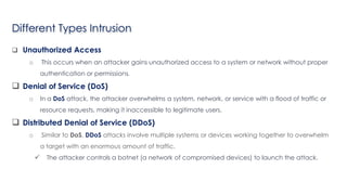 Different Types Intrusion
 Unauthorized Access
o This occurs when an attacker gains unauthorized access to a system or network without proper
authentication or permissions.
 Denial of Service (DoS)
o In a DoS attack, the attacker overwhelms a system, network, or service with a flood of traffic or
resource requests, making it inaccessible to legitimate users.
 Distributed Denial of Service (DDoS)
o Similar to DoS, DDoS attacks involve multiple systems or devices working together to overwhelm
a target with an enormous amount of traffic.
 The attacker controls a botnet (a network of compromised devices) to launch the attack.
Introduction to Linux
 