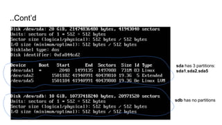 ..Cont’d
sda has 3 partitions:
sda1,sda2,sda5
sdb has no partitions
 