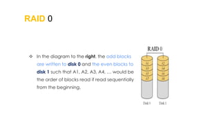RAID 0
 In the diagram to the right, the odd blocks
are written to disk 0 and the even blocks to
disk 1 such that A1, A2, A3, A4, … would be
the order of blocks read if read sequentially
from the beginning.
 
