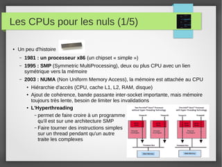 Les CPUs pour les nuls (1/5)
● Un peu d'histoire
– 1981 : un processeur x86 (un chipset « simple »)
– 1995 : SMP (Symmetric MultiProcessing), deux ou plus CPU avec un lien
symétrique vers la mémoire
– 2003 : NUMA (Non Uniform Memory Access), la mémoire est attachée au CPU
● Hiérarchie d'accès (CPU, cache L1, L2, RAM, disque)
● Ajout de cohérence, bande passante inter-socket importante, mais mémoire
toujours très lente, besoin de limiter les invalidations
● L'Hyperthreading
– permet de faire croire à un programme
qu'il est sur une architecture SMP
– Faire tourner des instructions simples
sur un thread pendant qu'un autre
traite les complexes
 