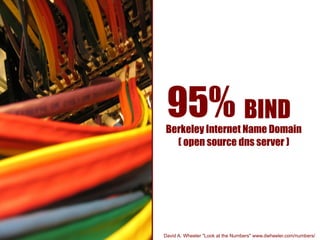 95% BIND
Berkeley Internet Name Domain
  ( open source dns server )




David A. Wheeler "Look at the Numbers" www.dwheeler.com/numbers/
 
