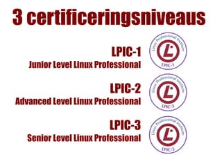 3 certificeringsniveaus
                         LPIC-1
   Junior Level Linux Professional

                         LPIC-2
Advanced Level Linux Professional

                         LPIC-3
   Senior Level Linux Professional
 