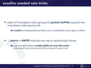 Stefan Esser • iOS 678 Security - A Study In Fail • March 2015 • 
evad3rs needed new tricks
• patch of incomplete code signing trick (patient ALPHA) required new
incomplete code signing trick
➡ evad3rs unnecessarily burned a new vulnerability some gave to them
• __restrict in AMFID required new way to replace/inject library
➡ just use dyld feature enable-dylibs-to-override-cache 
(makes dyld load a replacement library instead of original one)
19
 