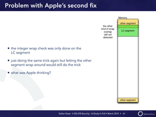 Stefan Esser • iOS 678 Security - A Study In Fail • March 2015 • 
Problem with Apple’s second ﬁx
• the integer wrap check was only done on the  
LC segment
• just doing the same trick again but letting the other
segment wrap around would still do the trick
• what was Apple thinking?
41
 