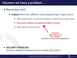Stefan Esser • iOS 678 Security - A Study In Fail • March 2015 • 
Houston we have a problem …
• Remember this?
• kobject ﬁlled with different values depending on type of port
• IOKit object ports: a kernel heap address containing a function table
• Host ports: address of realhost variable in kernel
• other ports: something else
• SECURITY PROBLEM:  
we know realhost’s address and can break obfuscation
50
we know
plain address of
this variable
therefore we can break obfuscation
 