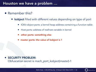 Stefan Esser • iOS 678 Security - A Study In Fail • March 2015 • 
Houston we have a problem …
• Remember this?
• kobject ﬁlled with different values depending on type of port
• IOKit object ports: a kernel heap address containing a function table
• Host ports: address of realhost variable in kernel
• other ports: something else
• master ports: the value of kobject is 1
• SECURITY PROBLEM: 
Obfuscation secret is mach_port_kobject(master)-1
53
 