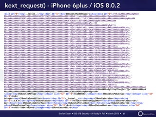 Stefan Esser • iOS 678 Security - A Study In Fail • March 2015 • 
kext_request() - iPhone 6plus / iOS 8.0.2
61
<dict ID="0"><key>__kernel__</key><dict ID="1"><key>OSBundleMachOHeaders</key><data ID="2">z/rt/gwAAAEAAAAAAgAAAA
8AAABACwAAAQAgAAAAAAAZAAAAOAEAAF9fVEVYVAAAAAAAAAAAAAAAIAACgP///wAgSAAAAAAAAAAAAAAAAAAAIEgAAAAAAAUAAAAFA
AAAAwAAAAAAAABfX3RleHQAAAAAAAAAAAAAX19URVhUAAAAAAAAAAAAAAAwAAKA////rCJCAAAAAAAAEAAADAAAAAAAAAAAAAAAAAQAgAAAAAA
AAAAAAAAAAF9fY29uc3QAAAAAAAAAAABfX1RFWFQAAAAAAAAAAAAAwFJCAoD///9oYAIAAAAAAMAyQgAFAAAAAAAAAAAAA
AAAAAAAAAAAAAAAAAAAAAAAX19jc3RyaW5nAAAAAAAAAF9fVEVYVAAAAAAAAAAAAAAos0QCgP///2h
+AwAAAAAAKJNEAAAAAAAAAAAAAAAAAAIAAAAAAAAAAAAAAAAAAAAZAAAAyAIAAF9fREFUQQAAAAAAAAAAAAAAQEgCgP///
wBACwAAAAAAACBIAAAAAAAAwAQAAAAAAAMAAAADAAAACAAAAAAAAABfX21vZF9pbml0X2Z1bmMAX19EQVRBAAAAAAAAAAAAAABASAKA////
CAIAAAAAAAAAIEgAAwAAAAAAAAAAAAAACQAAAAAAAAAAAAAAAAAAAF9fbW9kX3Rlcm1fZnVuYwBfX0RBVEEAAAAAAAAAAAAACEJIAoD///
8AAgAAAAAAAAgiSAADAAAAAAAAAAAAAAAKAAAAAAAAAAAAAAAAAAAAX19jb25zdAAAAAAAAAAAAF9fREFUQQAAAAAAAAAAAAAQREgCgP///
yCWAQAAAAAAECRIAAQAAAAAAAAAAAAAAAAAAAAAAAAAAAAAAAAAAABfX2RhdGEAAAAAAAAAAAAAX19EQVRBAAAAAAAAAAAAAAAASgKA////
aNICAAAAAAAA4EkADgAAAAAAAAAAAAAAAAAAAAAAAAAAAAAAAAAAAF9fc2ZpX2NsYXNzX3JlZwBfX0RBVEEAAAAAAAAAAAAAaNJMAoD///
8AAgAAAAAAAGiyTAADAAAAAAAAAAAAAAAAAAAAAAAAAAAAAAAAAAAAX19zeXNjdGxfc2V0AAAAAF9fREFUQQAAAAAAAAAAAABo1EwCgP///
3AcAAAAAAAAaLRMAAMAAAAAAAAAAAAAAAAAAAAAAAAAAAAAAAAAAABfX2JzcwAAAAAAAAAAAAAAX19EQVRBAAAAAAAAAAAAAAAATQKA////
kF8GAAAAAAAAAAAADAAAAAAAAAAAAAAAAQAAAAAAAAAAAAAAAAAAAF9fY29tbW9uAAAAAAAAAABfX0RBVEEAAAAAAAAAAAAAAGBTAoD///
8YEQAAAAAAAAAAAAAMAAAAAAAAAAAAAAABAAAAAAAAAAAAAAAAAAAAGQAAACgCAABfX0tMRAAAAAAAAAAAAAAAAIBTAoD///
8AIAAAAAAAAADwTAAAAAAAACAAAAAAAAADAAAAAwAAAAYAAAAAAAAAX190ZXh0AAAAAAAAAAAAAF9fS0xEAAAAAAAAAAAAAAAAgFMCgP///
1ASAAAAAAAAAPBMAAIAAAAAAAAAAAAAAAAEAIAAAAAAAAAAAAAAAABfX2NzdHJpbmcAAAAAAAAAX19LTEQAAAAAAAAAAAAAAFCSUwKA////
CAcAAAAAAABQAk0AAAAAAAAAAAAAAAAAAgAAAAAAAAAAAAAAAAAAAF9fY29uc3QAAAAAAAAAAABfX0tMRAAAAAAAAAAAAAAAWJlTAoD///
9oAAAAAAAAAFgJTQADAAAAAAAAAAAAAAAAAAAAAAAAAAAAAAAAAAAAX19tb2RfaW5pdF9mdW5jAF9fS0xEAAAAAAAAAAAAAADAmVMCgP///
wgAAAAAAAAAwAlNAAMAAAAAAAAAAAAAAAkAAAAAAAAAAAAAAAAAAABfX21vZF90ZXJtX2Z1bmMAX19LTEQAAAAAAAAAAAAAAMiZUwKA////
CAAAAAAAAADICU0AAwAAAAAAAAAAAAAACgAAAAAAAAAAAAAAAAAAAF9fYnNzAAAAAAAAAAAAAABfX0tMRAAAAAAAAAAAAAAA0JlTAoD///
8BAAAAAAAAAAAAAAAAAAAAAAAAAAAAAAABAAAAAAAAAAAAAAAAAAAAGQAAAOgAAABfX0xBU1QAAAAAAAAAAAAAAKBTAoD///
8AEAAAAAAAAAAQTQAAAAAAABAAAAAAAAADAAAAAwAAAAIAAAAAAAAAX19tb2RfaW5pdF9mdW5jAF9fTEFTVAAAAAAAAAAAAAAAoFMCgP///
wgAAAAAAAAAABBNAAMAAAAAAAAAAAAAAAkAAAAAAAAAAAAAAAAAAABfX2xhc3QAAAAAAAAAAAAAX19MQVNUAAAAAAAAAAAAAAig8xKA////
AAAAAAAAAAAAAAAAAAAAAAAAAAAAAAAAAQAAAAAAAAAAAAAAAAAAABkAAACYAAAAX19QUkVMSU5LX1RFWFQAAAAwWQKA////
AJDTAAAAAAAAoFIAAAAAAACQ0wAAAAAAAwAAAAMAAAABAAAAAAAAAF9fdGV4dAAAAAAAAAAAAABfX1BSRUxJTktfVEVYVAAAADBZAoD///
8AkNMAAAAAAACgUgAAAAAAAAAAAAAAAAAAAAAAAAAAAAAAAAAAAAAAGQAAAOgAAABfX1BSRUxJTktfU1RBVEUAALDzEoD///
8AAAAAAAAAAAAgTQAAAAAAAAAAAAAAAAADAAAAAwAAAAIAAAAAAAAAX19rZXJuZWwAAAAAAAAAAF9fUFJFTElOS19TVEFURQAAsPMSgP///
wAAAAAAAAAAACBNAAAAAAAAAAAAAAAAAAAAAAAAAAAAAAAAAAAAAABfX2tleHRzAAAAAAAAAAAAX19QUkVMSU5LX1NUQVRFAACw8xKA////
AAAAAAAAAAAAIE0AAAAAAAAAAAAAAAAAAAAAAAAAAAAAAAAAAAAAABkAAACYAAAAX19QUkVMSU5LX0lORk8AAADAzBOA////
AFAIAAAAAAAAMCYBAAAAAPhPCAAAAAAAAwAAAAMAAAABAAAAAAAAAF9faW5mbwAAAAAAAAAAAABfX1BSRUxJTktfSU5GTwAAAMDME4D////
4TwgAAAAAAAAwJgEAAAAAAAAAAAAAAAAAAAAAAAAAAAAAAAAAAAAAGQAAAEgAAABfX0xJTktFRElUAAAAAAAAALDzEoD///
94eQUAAAAAAAAgTQAAAAAAeHkFAAAAAAABAAAAAQAAAAAAAAAAAAAAAgAAABgAAADwnU8AnhAAANCnUACo8QEACwAAAFAAAAAAAAAAAAAAAAAAAACeEAAAn
hAAAAAAAAAAAAAAAAAAAAAAAAAAAAAAAAAAAAAAAAAAAAAAAAAAAAAAAAAAAAAAACBNAPVHAAAbAAAAGAAAAPke8gf2KzpJlbujQoICCjclAAAAEAAAAAAA
AAAAAAAAAAAAAAAAAAAAAAAAAAAAAAAAAAAWIANAoD///8AAAAAAAAAACYAAAAQAAAAqF9PAEg+AAA=
</data><key>OSBundleCPUType</key><integer size="32" ID="3">0x100000c</integer><key>OSBundleCPUSubtype</key><integer size="32"
ID="4">0x0</
integer><key>CFBundleIdentifier</key><string ID="5">__kernel__</string><key>CFBundleVersion</key><string
ID="6">14.0.0</string><key>OSBundleUUID</key><data ID="7">+R7yB/YrOkmVu6NCggIKNw==</data><key>OSKernelResource</
key><true/><key>OSBundleIsInterface</key><false/><key>OSBundlePrelinked</key><false/><key>OSBundleStarted</key><true/
><key>OSBundleLoadTag</key><integer size="32" ID="8">0x0</integer><key>OSBundleLoadAddress</key><integer size="64"
ID="9">0xffffff8002002000</integer><key>OSBundleLoadSize</key>
 
