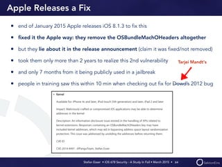 Stefan Esser • iOS 678 Security - A Study In Fail • March 2015 • 
Apple Releases a Fix
• end of January 2015 Apple releases iOS 8.1.3 to ﬁx this
• ﬁxed it the Apple way: they remove the OSBundleMachOHeaders altogether
• but they lie about it in the release announcement (claim it was ﬁxed/not removed)
• took them only more than 2 years to realize this 2nd vulnerability
• and only 7 months from it being publicly used in a jailbreak
• people in training saw this within 10 min when checking out ﬁx for Dowd’s 2012 bug
64
Tarjei Mandt's
 