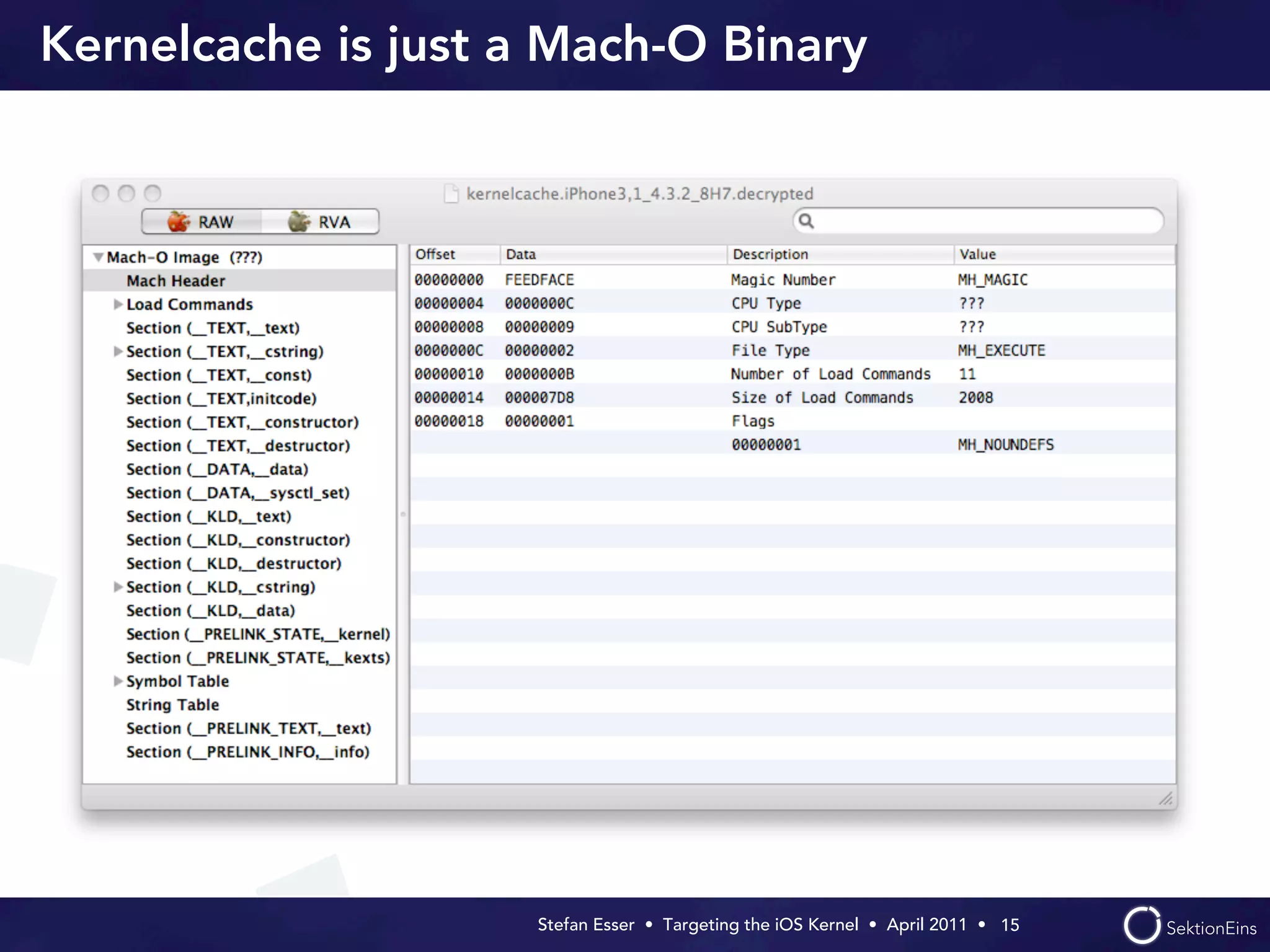 Kernelcache is just a Mach-O Binary




                     Stefan Esser • Targeting the iOS Kernel •  April 2011 •  15
 