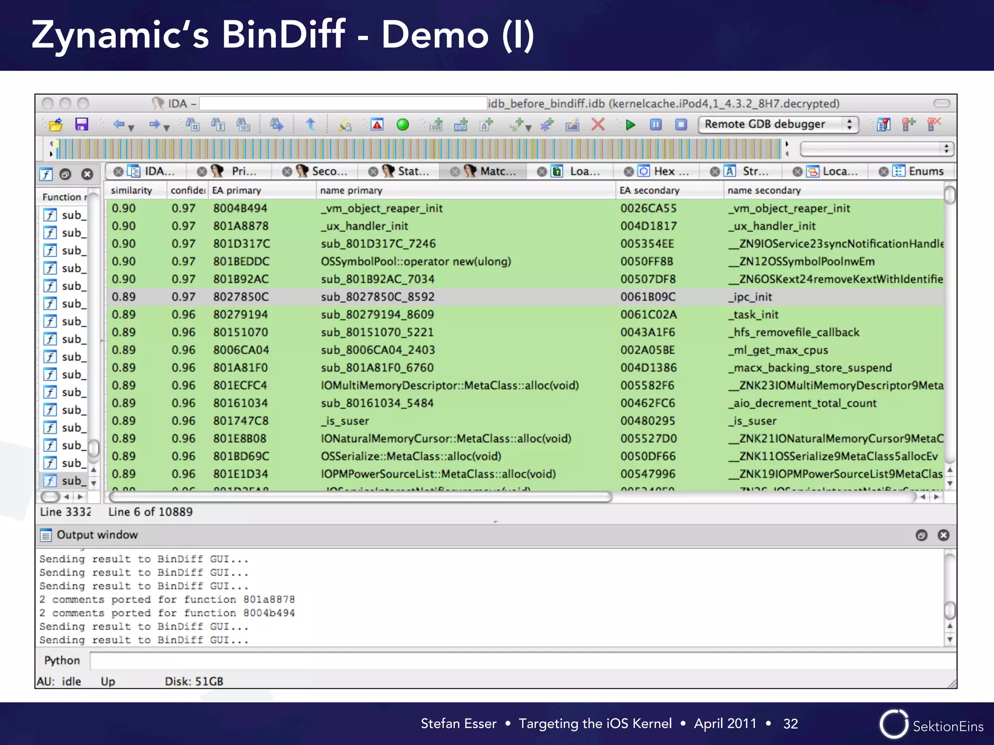 Zynamic‘s BinDiff - Demo (I)




                     Stefan Esser • Targeting the iOS Kernel •  April 2011 •  32
 