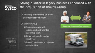 © 2016 All Rights Reserved.
Sysco Corporation.
P A G E 6
Strong quarter in legacy business enhanced with
the acquisition of Brakes Group
 Reaping the benefits of multi-
year foundational work
 Brakes Group
 Support growth with
experienced and talented
leadership team
 Drive out transformative
initiatives
 Identify additional acquisition
opportunities
S Y S C O 1 Q 1 7
E A R N I N G S
R E S U L T S
1 1 . 0 7 . 1 6
Supporting the success of our customers
 