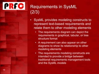 Requirements in SysML
(2/3)
• SysML provides modeling constructs to
represent text-based requirements and
relate them to other modeling elements
• The requirements diagram can depict the
requirements in graphical, tabular, or tree
structure format
• A requirement can also appear on other
diagrams to show its relationship to other
modeling elements
• The requirements modeling constructs are
intended to provide a bridge between
traditional requirements management tools
and the SysML models
13
 