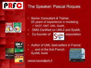 • Senior Consultant & Trainer,
25 years of experience in modeling
 SADT, OMT, UML, SysML
• OMG Certified on UML2 and SysML
• Co-founder of association
• Author of UML best-sellers in France
• … and of the first French
SysML book
pascal.roques@prfc.fr
The Speaker: Pascal Roques
2
 