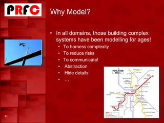 Why Model?
4
• In all domains, those building complex
systems have been modelling for ages!
• To harness complexity
• To reduce risks
• To communicate!
• Abstraction
• Hide details
• …
 