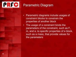 Parametric Diagram
• Parametric diagrams include usages of
constraint blocks to constrain the
properties of another block
• The usage of a constraint binds the
parameters of the constraint, such as F,
m, and a, to specific properties of a block,
such as a mass, that provide values for
the parameters
43
 