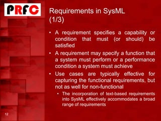 Requirements in SysML
(1/3)
• A requirement specifies a capability or
condition that must (or should) be
satisfied
• A req...